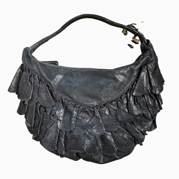 Christian Dior Vintage Gypsy Ruffled Hobo Black Leather Gold DIOR Bag Charm - Picture 5 of 15
